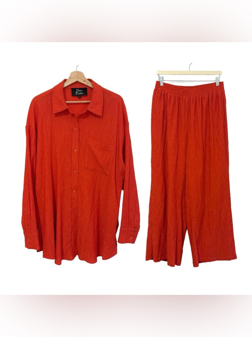 Nina Parker 2 Piece Set 1X Orange Textured Button Up Shirt Wide Leg Pants Plus